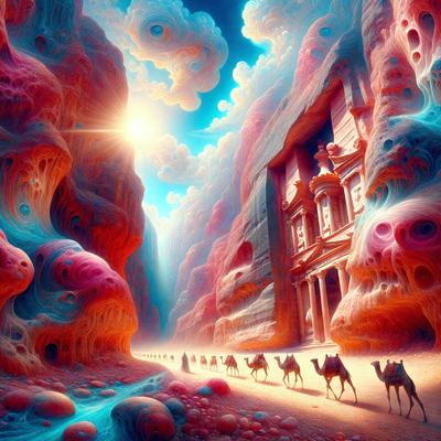 The primary subject of the image is a group of people riding camels in a desert-like environment. The setting includes a rocky mountain range and a large building, possibly a castle, in the background. The visual style is a digital art or illustration, with vibrant colors and a dramatic atmosphere.